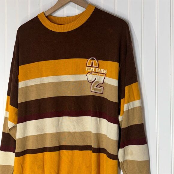 Phat Farm XL 02 Logo Y2K Striped Sweater BrownYellow Faded HipHop VTG Streetwear - Picture 2 of 8